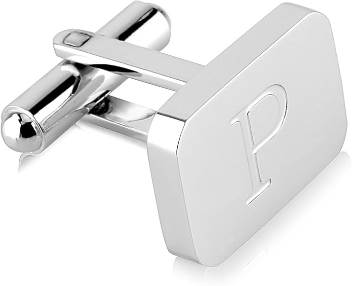 18K White-Gold Plated Initial Engraved Stainless Steel Men’s Cufflinks With Gift Box -Personalized Alphabet Letter’s A-Z By Lux & Pair