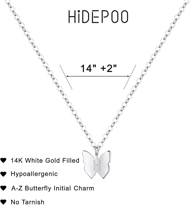 Hidepoo Initial Butterfly Necklace for Girls Gifts, 14K Gold/Silver/Rose Gold Filled Dainty Butterfly Pendant Choker Necklace Initial Butterfly Necklace Birthday Gifts for Girls
