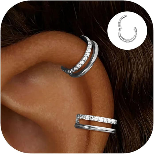2 PCS Small Cartilage Double-Hoop Helix Conch Piercing Earrings With Cubic Zirconia For Women Trendy 14K Gold Plated Titanium Surgical Stainless Steel Sets Jewelry