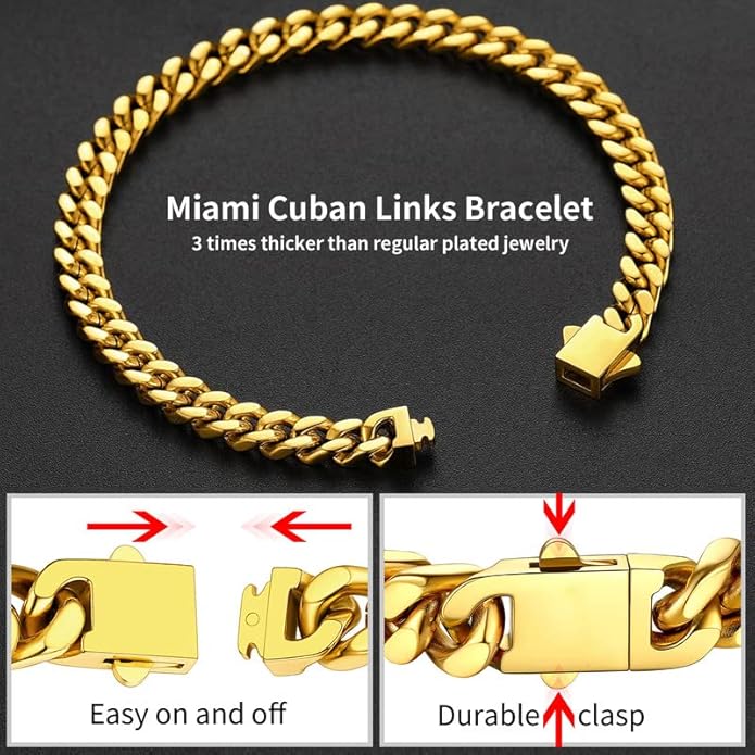 ChainsHouse Stainless Steel Cuban Link Bracelet for Men, 5mm/7mm/9mm/12mm Width, 7.5"/8.3"/9" Length, Black/18K Gold Plated Chain Wrist Bracelets for Men, with Gift Box
