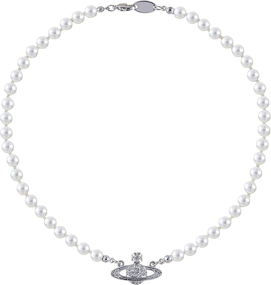 FENLDY Rhinestone Faux Planet Saturn Pearl Necklace for Women Jewelry, Fake Pearl Collar Pendant a Necklace Men with Charm for Girls Y2k Jewelry Ladies' Wedding Pearl Bead Chain Crystal Choker