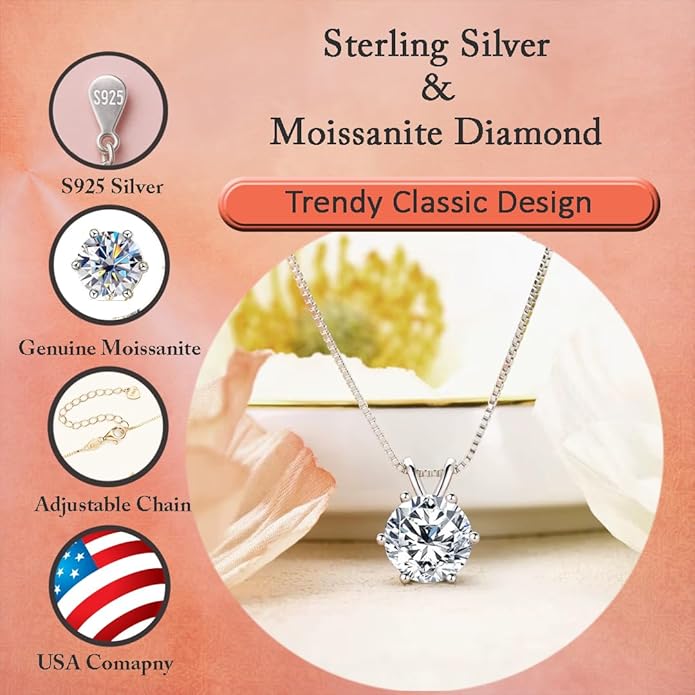 925 Sterling Silver Moissanite Jewelry Set - Classic European Design Necklace Earrings Set with Round Cut Moissanite Pendant - Adjustable Chain - Gift Box