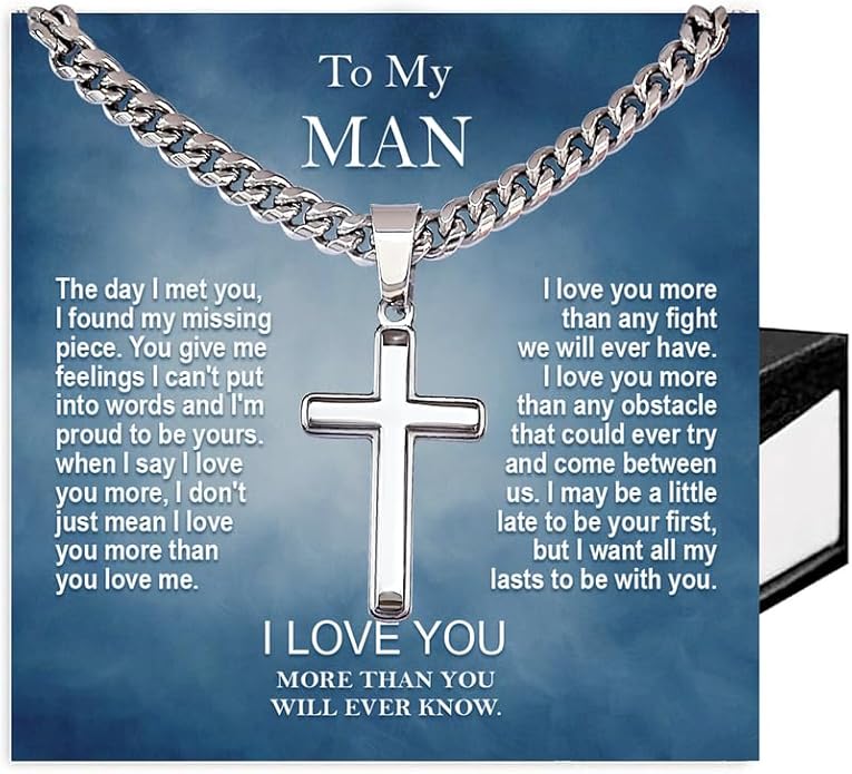 SUTERY Cross Cuban Chain Necklace - Promise Necklace for Him, Necklace for Boyfriend, Mens Necklace for Fiance, Valentine's Day