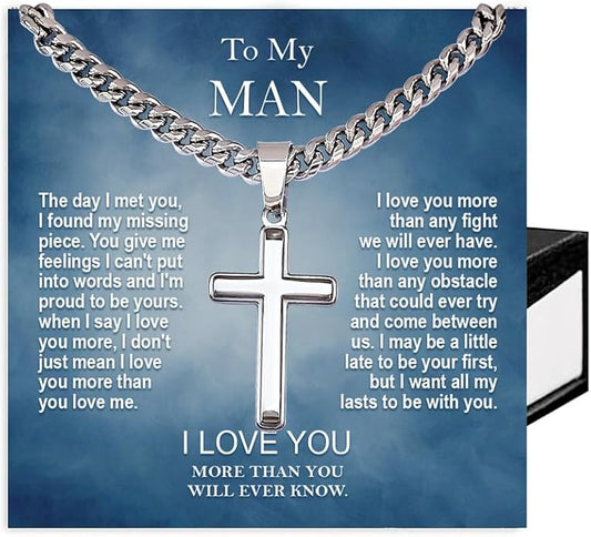 SUTERY Cross Cuban Chain Necklace - Promise Necklace for Him, Necklace for Boyfriend, Mens Necklace for Fiance, Valentine's Day