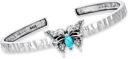 Genuine Turquoise Butterfly Bracelet, Sterling Silver Native American Adjustable Boho Bangle Cuff Jewelry for Women, Fit for 6.5 7 7.5 Inches