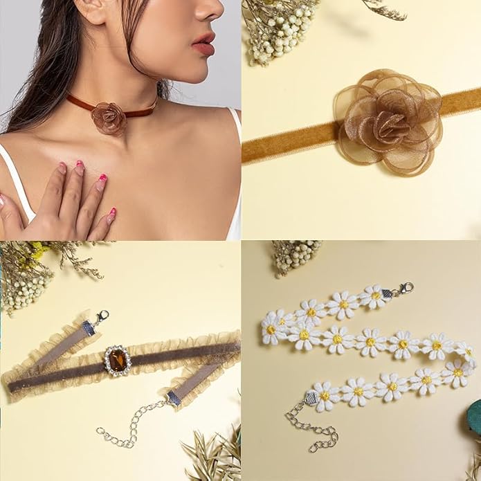 Nova&Aria Chokers Set For Women Heart Choker Necklaces Flower Pendant Velvet Cute Pink Turquoise Blue White Black Choker Necklace Christmas Colorful Lace Chokers