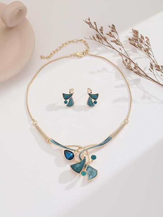 Chunky Statement Jewelry Set Vintage Retro Leaf Flower Floral Geometric Bohemian Boho Bib Necklace Earring Set Fashion Costume Jewelry for Women Girls Wedding Party Prom Unique Gift