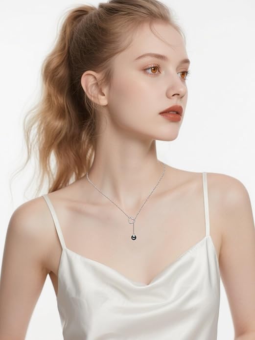 KANNSOAR Tahitian Black Pearl AAAA 18K White Gold Plated Sterling Silver Heart Pendant Y Necklace for Wedding Anniversary Birthday Graduation Jewelry Gift for Women Wife Mom Girlfriend