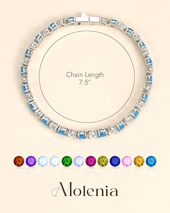18K White Gold Plated Birthstone Tennis Bracelet for Women, Hypoallergenic 925 Sterling Silver with 5A Cubic Zirconia, Dainty Jewelry Anniversary Birthday Gifts for Her