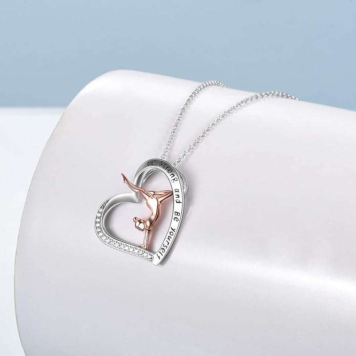 POPLYKE Sports Gifts for Girls Sterling Silver Gymnastics/Ballerina/Piano/Reading Heart-Shaped Pendant Necklace for Women
