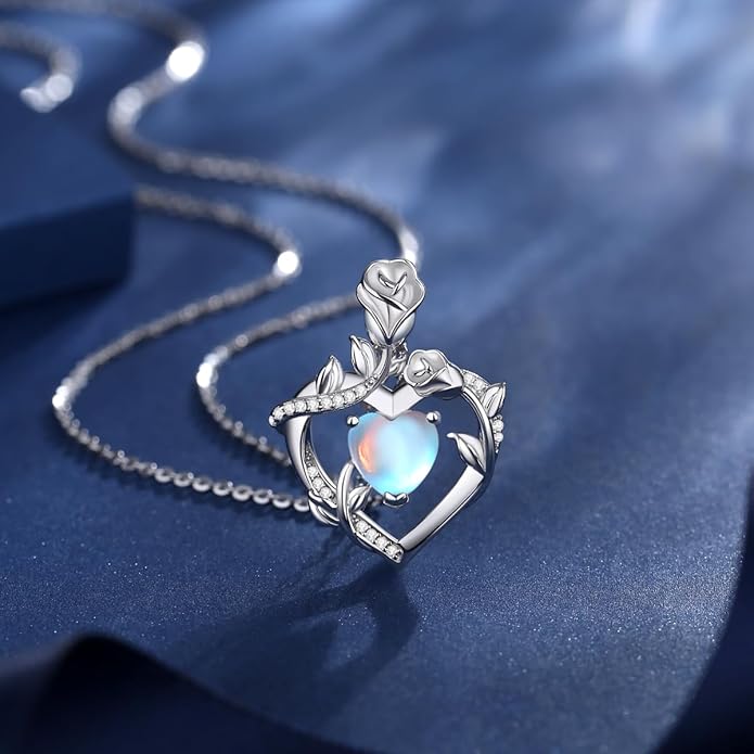 AGVANA Rose Birthstone Necklace for Women Sterling Silver Rose Flower Heart Necklace Fine Jewelry Anniversary Birthday Gifts for Women Wife Mom Her, Length: 18"+2"