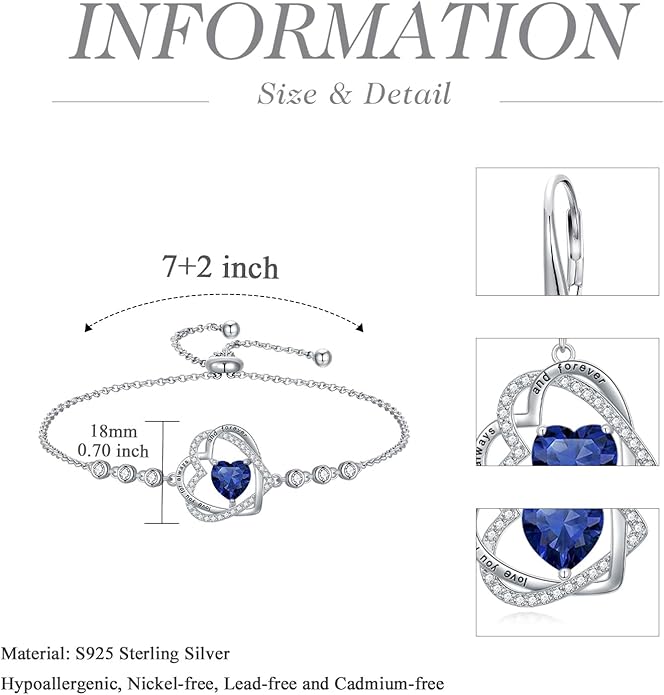 TOUPOP Heart Birthstone Bracelet 925 Sterling Silver Double Heart Bracelet Love You for Always and Forever Jewelry Anniversary Birthday Christmas Gifts for Women Wife Her