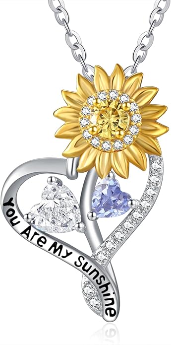 Zeuslia Double Birthstone Necklace Gifts for Wife - 925 Sterling Silver Sunflower/Rose/Crown Cross/Compass/Heart Pendant I Love You Necklace, Anniversary Birthday Gifts for Wife Girlfriend Mom Her
