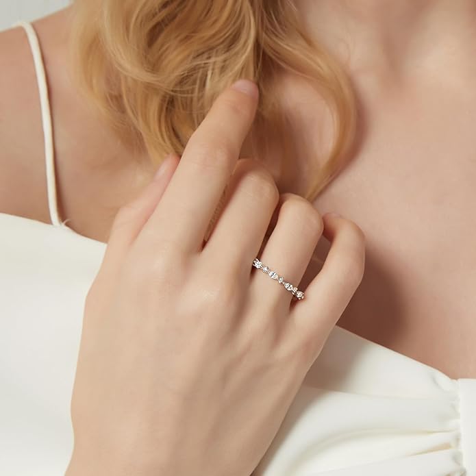 SHINYSO 14K Gold Plated Wedding Band for Women Thin Stacking Ring Half Cubic Zirconia Eternity Engagement Ring Size 4-10