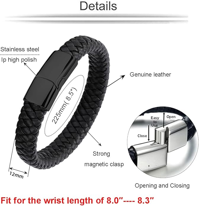Leather Bracelet for Men Braided Cuff Wristband Stainless Steel Clasp in Silver and Gold Jewellery Gift