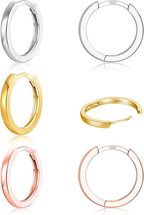 3 Pairs 925 Sterling Silver Hoop Earrings 14K White Gold Plated Small Silver Hoops Cartilage Huggie Earrings for Women Men