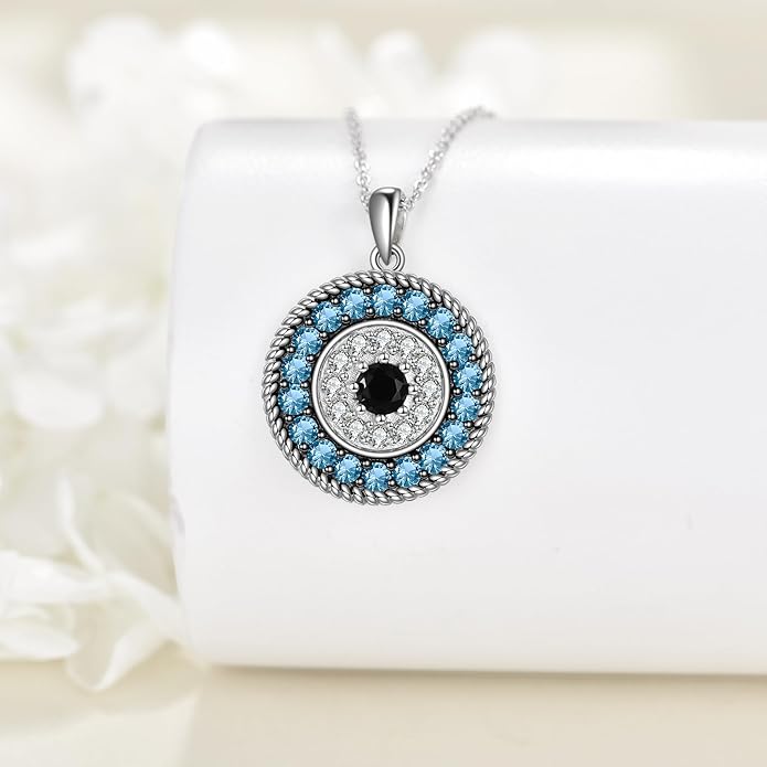 YFN Evil Eye Pendant Necklace for Women 925 Sterling Silver Greek Protection Jewelry with Blue Sapphire and Black Cz Amulet Gift