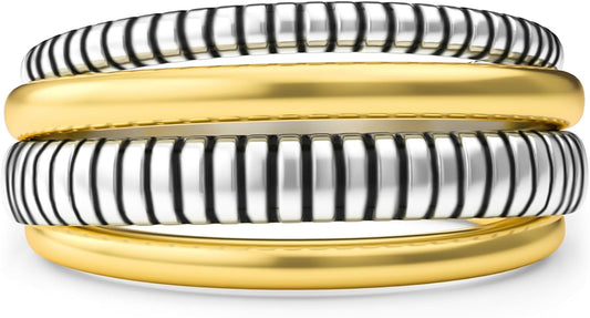 Two-Tone Wide Statement Ring for Women - Gold Silver Crossover Band with Ribbed Texture - Modern Fashion Jewelry Cocktail Ring - Mixed Metal Layered Design