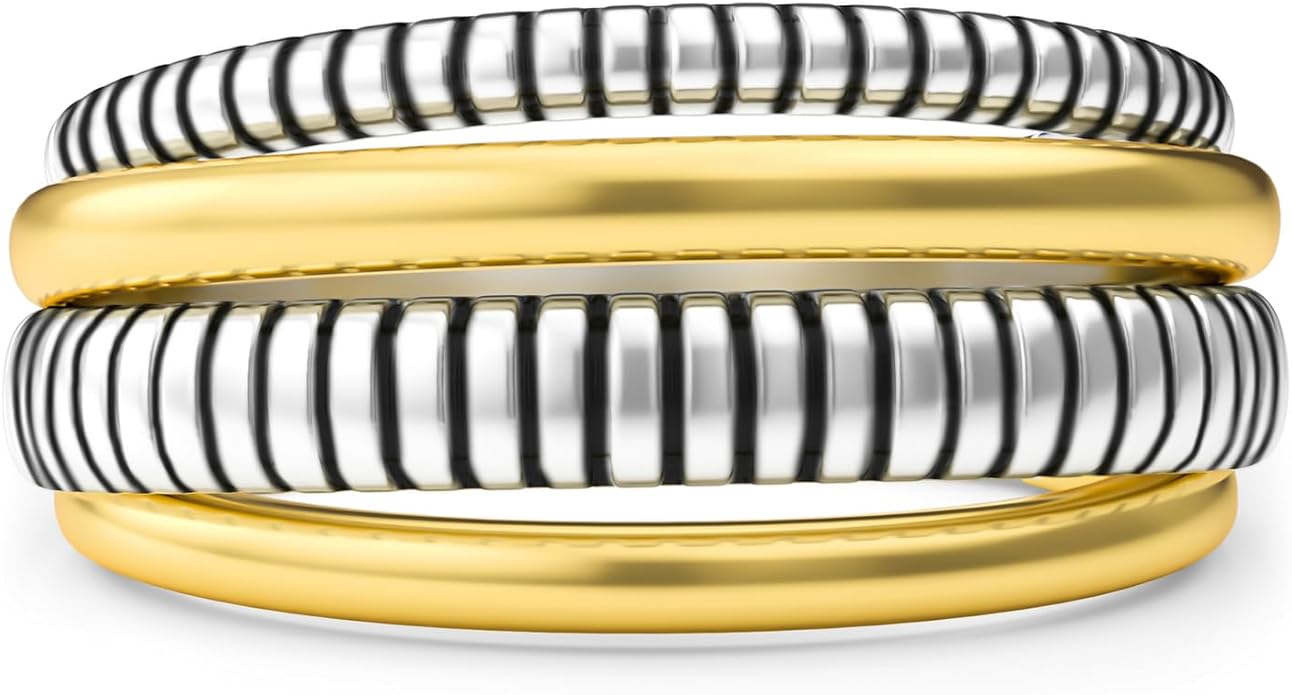 Two-Tone Wide Statement Ring for Women - Gold Silver Crossover Band with Ribbed Texture - Modern Fashion Jewelry Cocktail Ring - Mixed Metal Layered Design