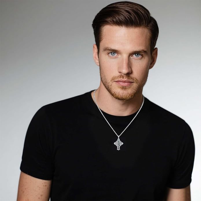 Midir&Etain Cross Necklace 925 Sterling Silver Celtic Christian Pendant Religious Protection Jewelry for Women Men