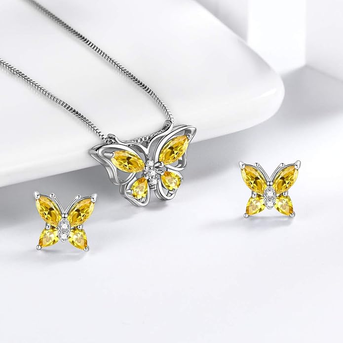 Aurora Tears Butterfly Jewelry,Women 925 Sterling Silver Butterflies Birthstone Pendant Necklace/Earrings/Rings Wedding Gift