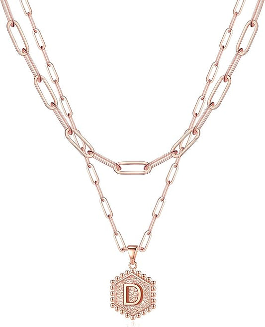 M MOOHAM Dainty Initial Necklaces for Women - Layering Necklace for Women Cute Hexagon Letter Initial Necklace Layered Necklaces for Womens Gifts