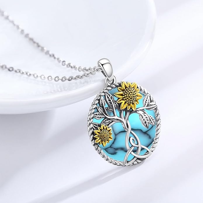 CHENGHONG Sunflower Necklace 925 Sterling Silver Tree of Life Necklace Daisy/Rose/Sunflower Pendant Necklace Sunflower Jewelry Gifts for Women Mom