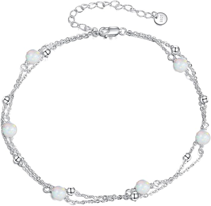 CRMAD Pearl/Moonstone/Larimar/Turquoise/Opal/Black Onyx Bracelet Anklet for Women Sterling Silver Beach Jewelry Gift for Women
