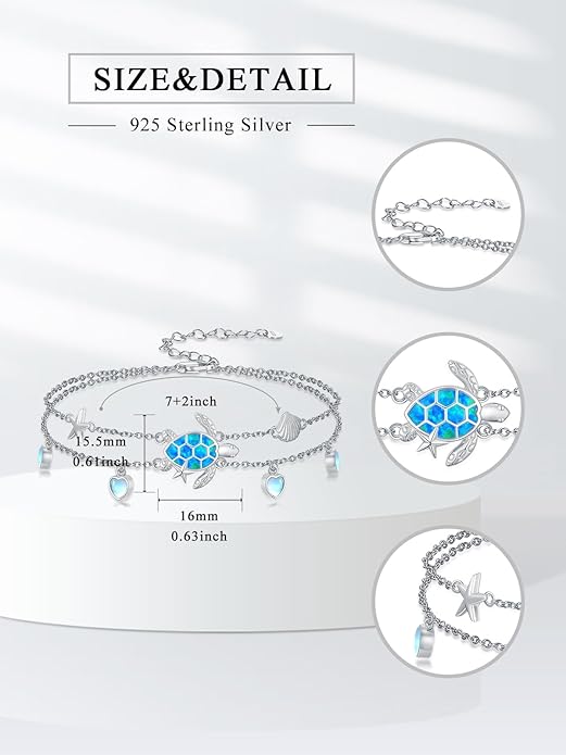 Sea Turtle/Dolphin/Starfish/Seashell/Compass Bracelet for Women 925 Sterling Silver Ocean Wave Anklet Summer Hawaiian Jewelry Gift for Her