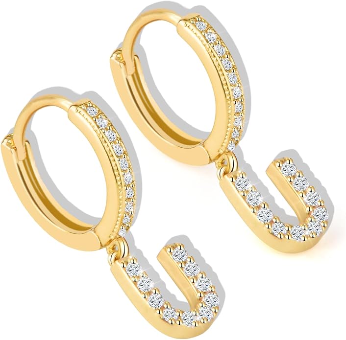 18K Gold Filled Initial Dangle Hoop Earrings for Women, 1 Pair CZ Hypoallergenic Alphabet Letter A-Z Drop Dangle Dainty Gold Earrings, Small Huggie Hoop Earrings with Cubic Zirconia Gifts Jewelry