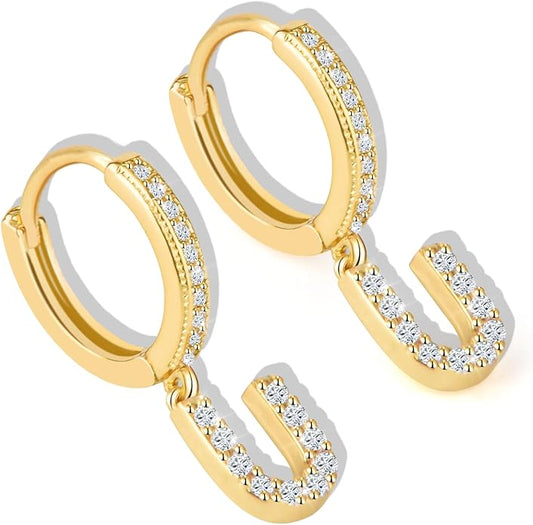 18K Gold Filled Initial Dangle Hoop Earrings for Women, 1 Pair CZ Hypoallergenic Alphabet Letter A-Z Drop Dangle Dainty Gold Earrings, Small Huggie Hoop Earrings with Cubic Zirconia Gifts Jewelry