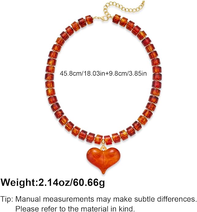 YUJIE Chunky Heart Penadnt Necklace for Women- Exaggerated Statement Puff Heart Necklace with Acrylic Beaded Chain