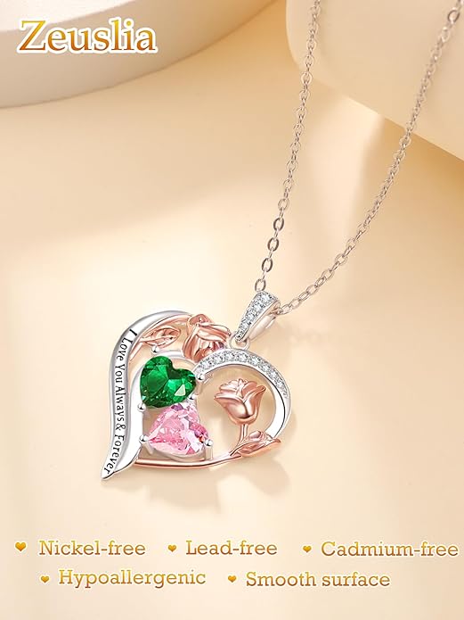 Zeuslia Double Birthstone Necklace Gifts for Wife - 925 Sterling Silver Sunflower/Rose/Crown Cross/Compass/Heart Pendant I Love You Necklace, Anniversary Birthday Gifts for Wife Girlfriend Mom Her