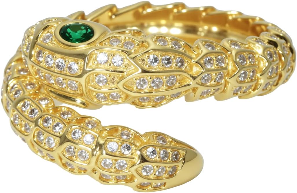 Aura & lrena Adjustable Snake Rings for Wome, 18K Gold or Platinum Plating Open-Ended Ring with AAA Cubic Zirconia Fashion Jewelry, Statement Gift Design Rings for Men and Women Non Tarnish