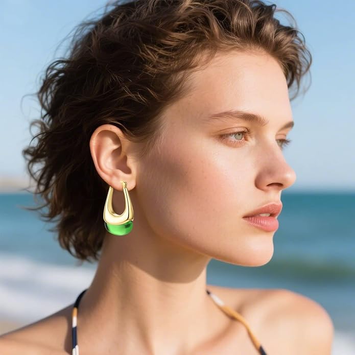 Vintage Gold Hoops Earrings for Women,Brown White Blue Pink Chunky Dangle Drop Jewelry with Resin Gemstones, Trendy Statement Earrings for Beach,Party, Vintage Gift for Travel Maximalist Jewelry