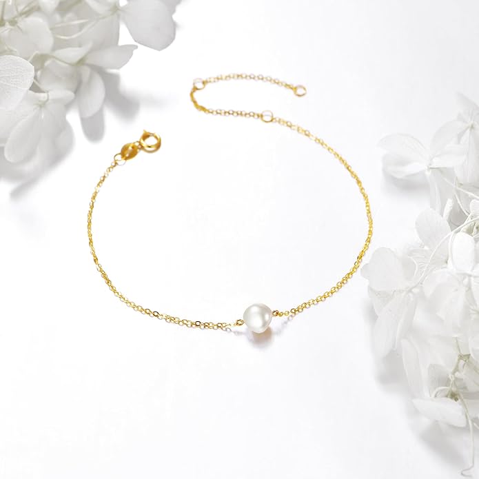 KECHO 14K Real Gold Freshwater Cultured Pearl Bracelet 14K Solid Gold Jewelry Anniversary Birthday Gift for Women