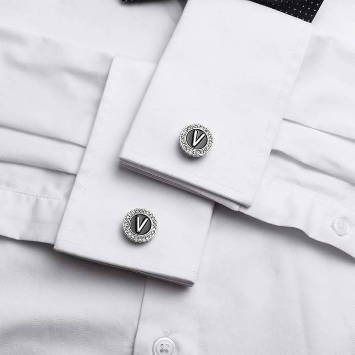HAWSON A-Z Initial Cufflinks for Men and Women with Clear Crystal, Gold Silver Color Rasied Letter A-Z Cuff Links for French Shirt, Gift for Normal and Business Wearing