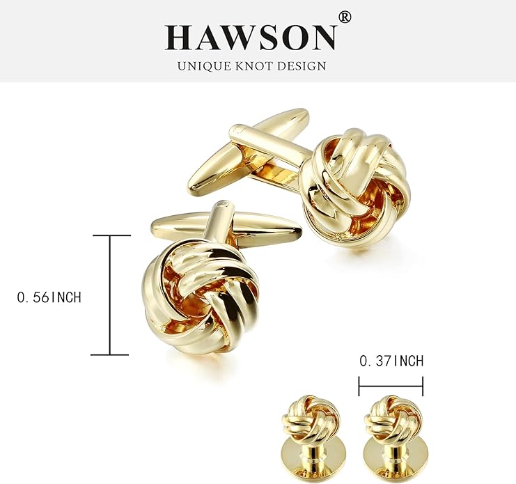 HAWSON Knot Cufflinks and Shirt Studs for Men in Gold or Silver Tone, Matching with White and Black Tuxedo, Suitable for Wedding Day or Formal Occasion.