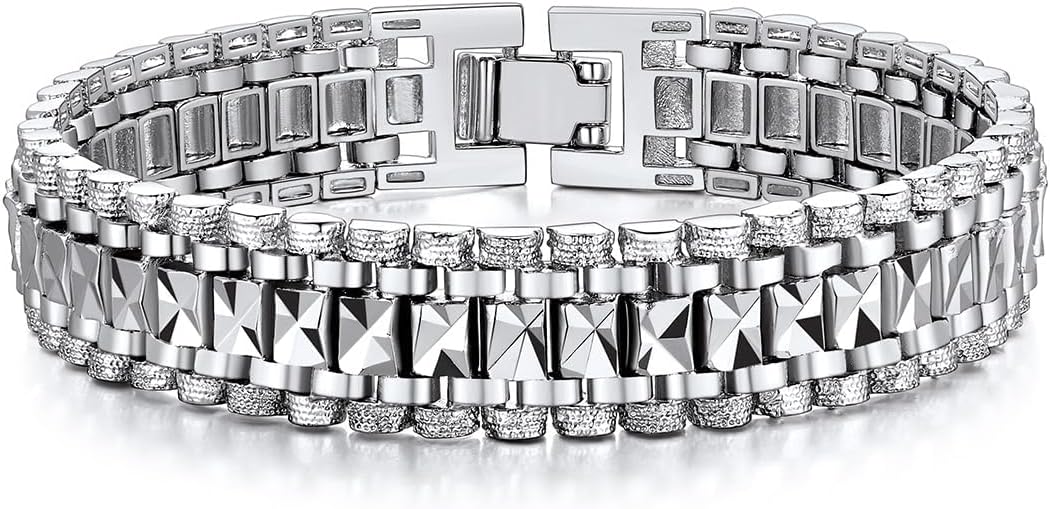 U7 Link Bracelets for Men, Cuban Link/Rope/Watch Band Solid Bracelet, Silver Black Gold Color Wrist Bracelet 3/6/9/12/15mm Width, 6.5/7.5/8.3 Inch Length, Hand Chain Jewelry for Mens Women