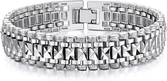 U7 Link Bracelets for Men, Cuban Link/Rope/Watch Band Solid Bracelet, Silver Black Gold Color Wrist Bracelet 3/6/9/12/15mm Width, 6.5/7.5/8.3 Inch Length, Hand Chain Jewelry for Mens Women