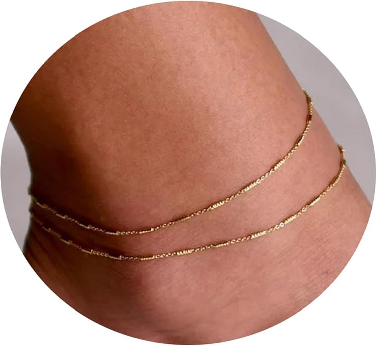 Pencros Dainty Layered Anklet,14K Gold Filled Cute Beads Satellite Chain Heart Boho Adjustable Anklets for Women