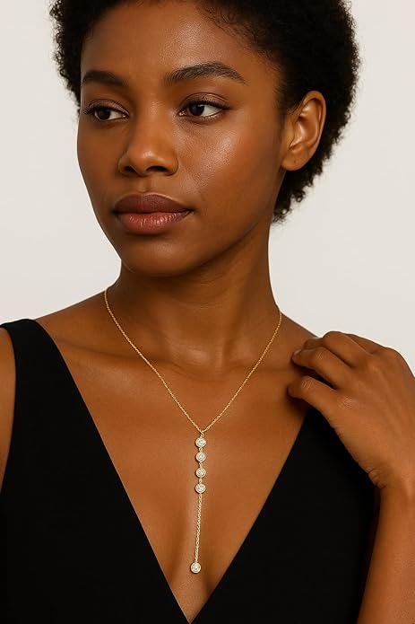 14K Gold Plated Y Necklace for Women – Dainty Lariat Long Pendant Chain, Layered Drop Necklace for V Neck Dress, Simple Sexy Cleavage Jewelry Gifts for Women