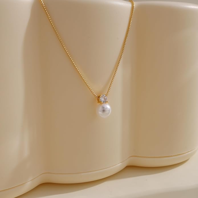 Pearl Necklace for Women Trendy,14k Gold Plated Necklace Dainty Wedding Necklace Small Cute Choker Necklace Beaded Lariat Drop Necklace Vintage Waterproof Jewelry for Women Gold Jewelry Fashion Gifts