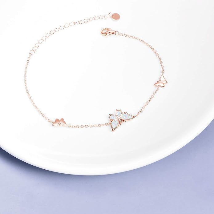 WINNICACA Sterling Silver Butterfly Bracelet Anklet Created Opal Butterfly Jewelry Gifts for Women Birthday Christmas Day Gifts