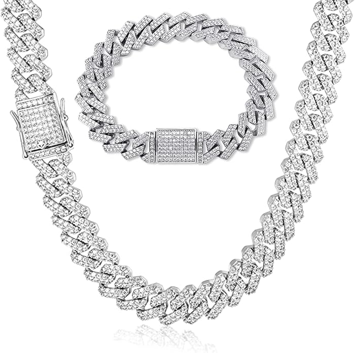 EMESLY Miami Cuban Link Chain 14K Gold Plated Necklace (16, 18, 20, 22, 24, 30 Inches Length); Hip Hop Bracelet (8" Length) for Men & Women; Perfect Iced Out Bling Jewelry Gift