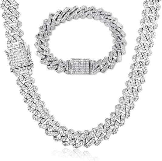 EMESLY Miami Cuban Link Chain 14K Gold Plated Necklace (16, 18, 20, 22, 24, 30 Inches Length); Hip Hop Bracelet (8" Length) for Men & Women; Perfect Iced Out Bling Jewelry Gift