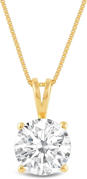 Everyday Elegance Solid 14K Gold Cubic Zirconia Solitaire Pendant Necklace for Women Heart, Princess, Round, Oval, Emerald, Pear & Cushion Cut 1 or 2 CTW | .60mm Thick 16" 18" Length Box Link Chain