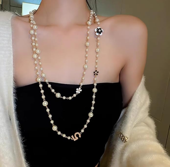 Long Pearl Necklaces for Women Pearl Long Chain Necklace Dainty Gold And Long Pearl Necklaces Layered Pearl Necklace Statement Sweater Strand Chain Jewelry