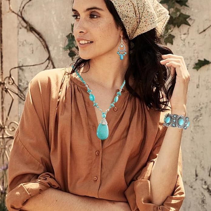 Bohemian Turquoise Necklace Set - Women's Western Jewelry with Long Choker, Pendant, Dangle Earrings, Layered Bracelets
