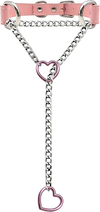 Black Leather Choker Collar For Women, Handmade Heart Slip Chain Choker Long Necklace with Adjustable Buckle